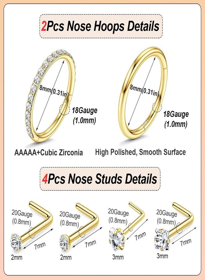 مجموعة حلقات أنف Purbeaut مقاس 18G وحلقات أنف مقاس 20G للنساء والرجال، مصنوعة من الفولاذ الجراحي المقاوم للصدأ 316L المضاد للحساسية، مرصعة بأحجار الزركونيا المكعبة على شكل قلب وأحجار ألماس صناعية على شكل حرف L، 6 قطع ذهبية اللون - Image 2